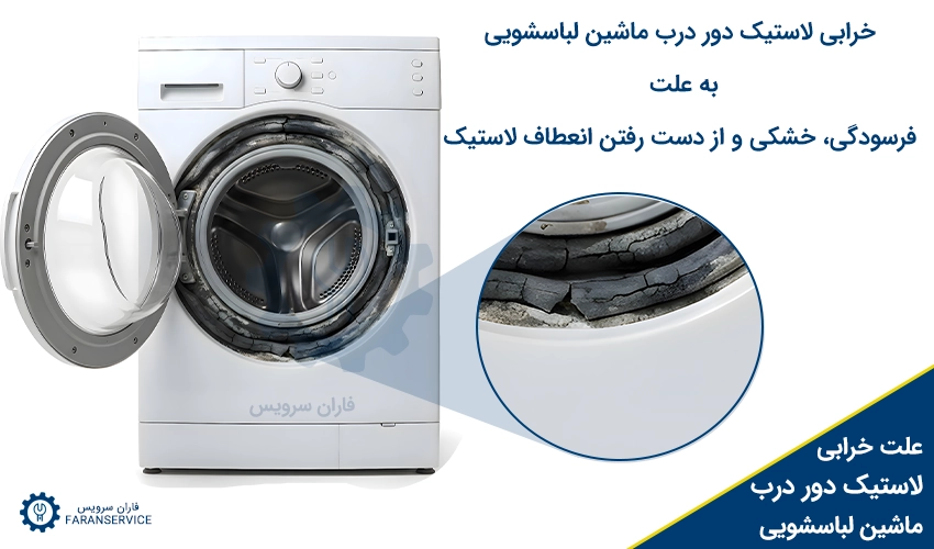 خرابی لاستیک دور درب ماشین لباسشویی به علت فرسودگی، خشکی و از دست رفتن انعطاف لاستیک