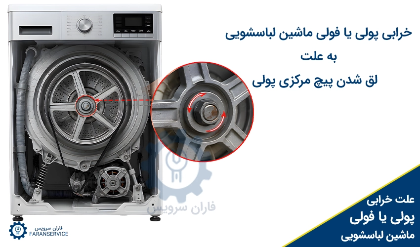 خرابی ماشین لباسشویی به علت لق شدن پیچ مرکزی پولی