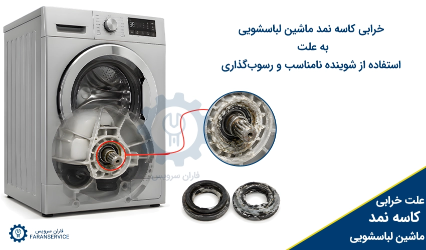 خرابی کاسه نمد ماشین لباسشویی به علت استفاده از شوینده نامناسب و رسوب‌گذاری