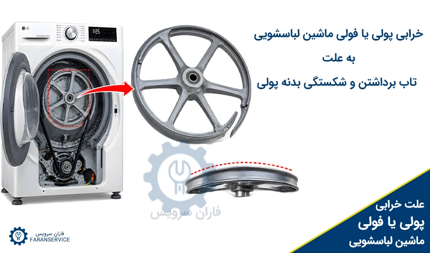 خرابی ماشین لباسشویی به علت تاب برداشتن و شکستگی بدنه پولی
